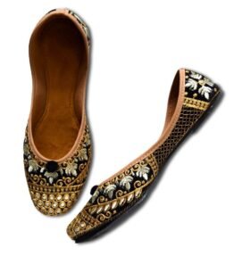 Women Black Gold-Toned Embroidered Mojaris
